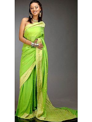 Lime Green Handwoven Sari with Floral Weave on Border
