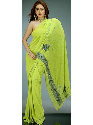 Lime Green Sari with Beadwork and Sequins