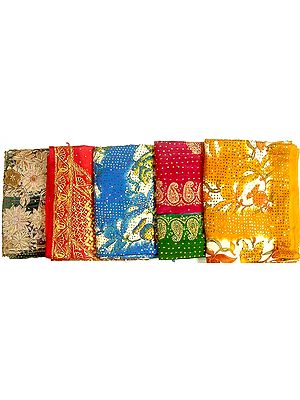 Lot of Five Saris with Sequins and Threadwork