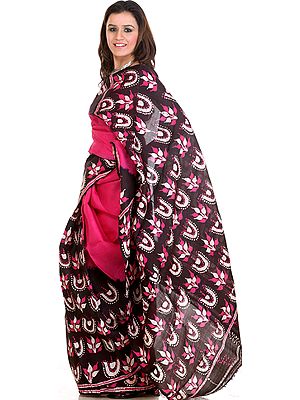 Magenta and Black Batik Sari from Kolkata