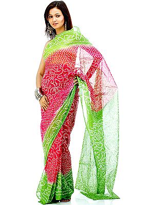 Magenta and Green Gujarati Bandhani Sari