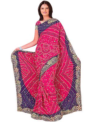 Magenta and Navy-Blue Bandhani Printed Sari From Gujrat with Embroidered Flowers and Sequins