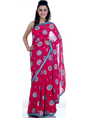 Magenta Sari with All-Over Large Painted and Sequined Flowers