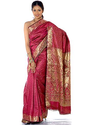 Magenta Tanchoi Sari from Banaras with Golden Thread Weave