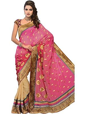 Magenta-Haze Sari with Patch Border and Embroidered Bootis