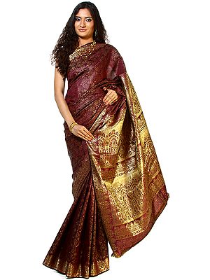 Mahogany Banarasi Sari with All-Over Woven Paisleys and Brocaded Aanchal