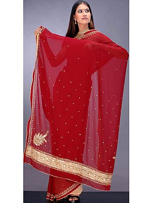 Maroon and Beige Sari with Beadwork