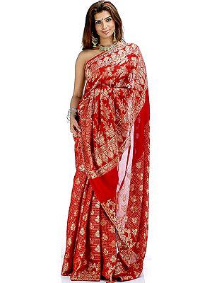 Maroon Bridal Sari with All-Over Golden Thread Weave