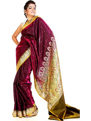 Metallic-Fuchsia Banarasi Sari with Golden Bootis and Brocaded Anchal
