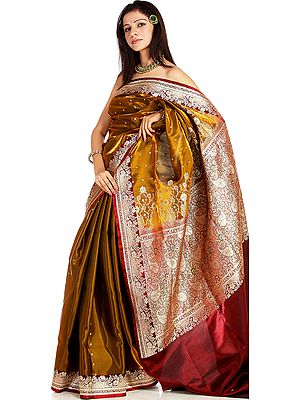 Metallic-Khaki Banarasi Sari with Golden Bootis and Brocaded Anchal