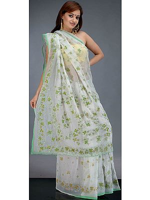 Milky White Sari with Thread Work and Sequins