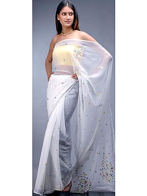 Milky-White Sari with Threadwork and Sequins
