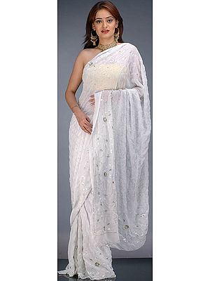 Milky-White Wedding Sari with Threadwork and Sequins