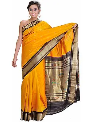Mineral-Yellow Paithani Sari with Hand Woven Peacocks on Aanchal