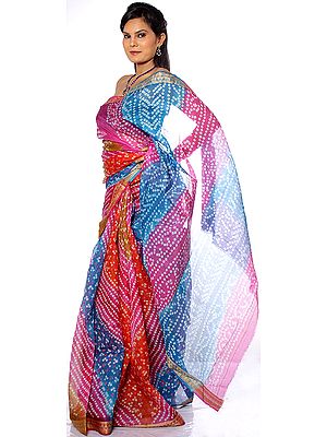 Multi-Color Bandhani Silk Sari from Rajasthan
