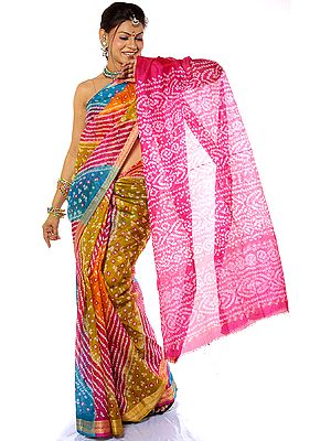 Multi-Color Bandhani Silk Sari from Rajasthan