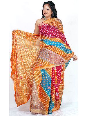 Multi-Color Bandhani Silk Sari from Rajasthan with Mirrors