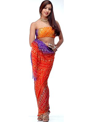 Multi-Color Bandhini Chiffon Sari from Gujarat