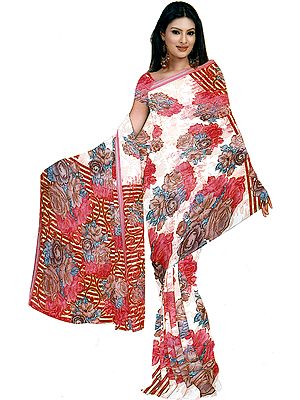 Multi-Color Designer Sari with Large Printed Flowers All-Over