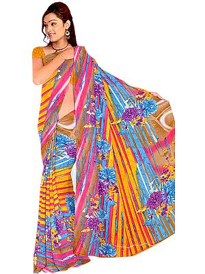 Multi-Color Rainbow Sari with Printed Flowers and Thread Work