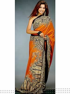Mustard and Black Printed Sari with Beads and Threadwork