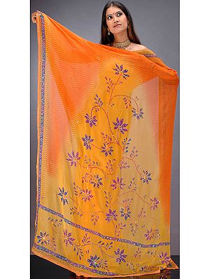 Mustard and Orange Sari with Floral Print and Sequins