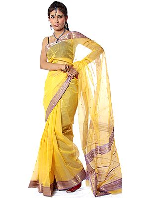 Mustard Chanderi Sari with Golden Thread Weave on Border and Bootis