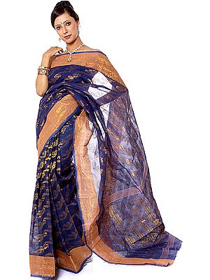 Navy-Blue Hand-woven Jamdani Sari from Kolkata