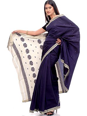 Navy-Blue Sari with Contrasting Border