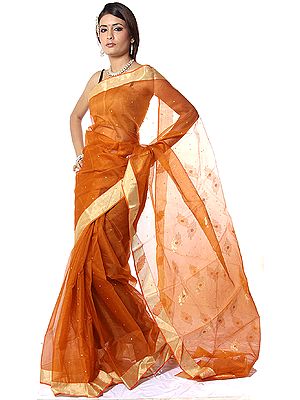 Ochre Chanderi Sari with All-Over Bootis in Golden Thread
