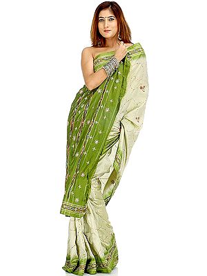 Olive Green Pochampally Sari with Beads and Threadwork