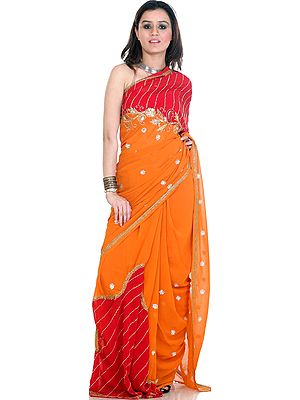 Orange and Red Mumtaz Sari with All-Over Sequins Embroidered as Flowers