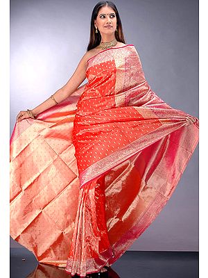 Orange Banarasi Sari with All-Over Bootis