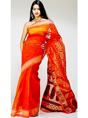 Orange Handwoven Sari from Bengal with Blue Threadwork