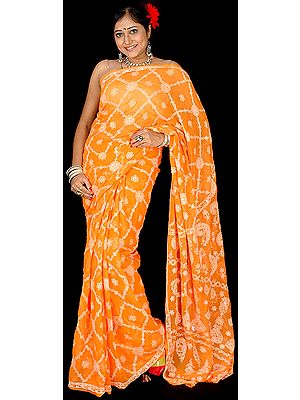 Orange Lukhnavi Chikan Sari with All-Over Embroidery