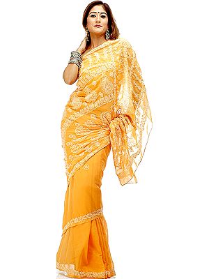 Orange Lukhnavi Chikan Sari