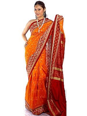 Orange Sambhalpuri Sari with Temple Border and Ikat Weave from Orissa