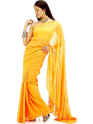 Orange Sari with Threadwork and Sequins