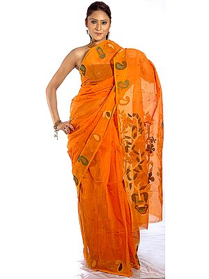 Orange Tengail Sari from Calcutta with Floral Weave