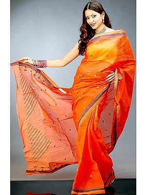 Orange Tengail Sari with Dhakai Weave