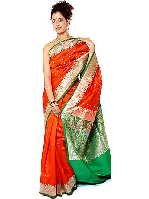 Orange Valkalam Sari with Golden Zari Weave on Border