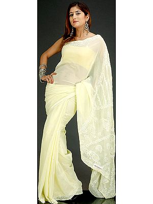Pale Yellow Lukhnavi Chikan Sari