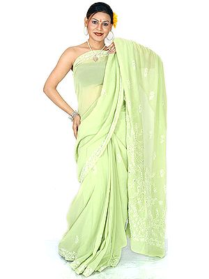 Pale-Green Lukhnavi Chikan Sari with Sequins