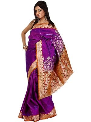 Passion-Flower Purple Sari from Banaras with All-Over Woven Bootis and Floral Brocaded Aanchal