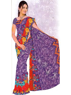 Passsion- Flower Purple Floral Printed Sari with Bead work and White Strikes