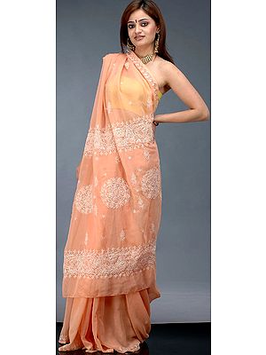 Peach Lukhnavi Chikan Sari