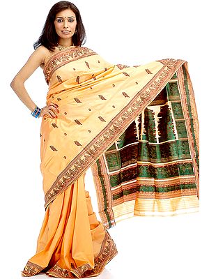 Peach Orange Baluchari Sari Depicting Scenes from the Mahabharata