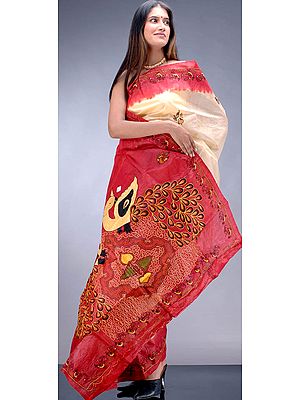 Peacock Tussar Silk Sari with Kantha Stitch