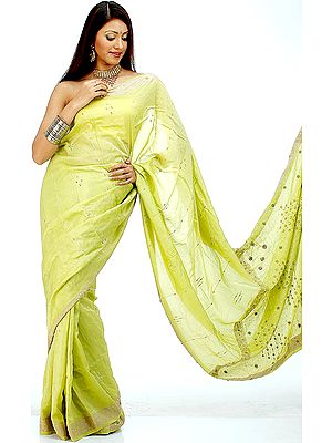 Pear-Colored Sari from Banaras with Sequins and Cut Glass