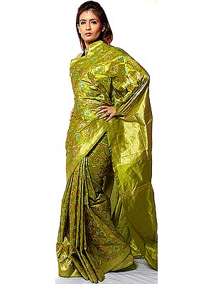 Pear-Green Meenakari Sari from Banaras with All-Over Flowers Woven in Multi-Color Thread